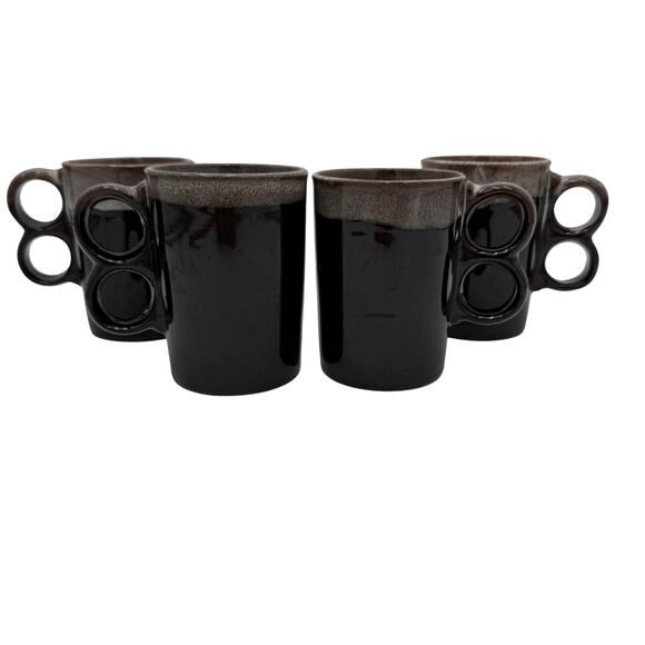 Vtg Japanese Coffee Mugs 2 Finger Drip Glaze Brown Stoneware Set of 4 - Picture 2 of 10